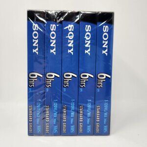 Sony 5-Pack T-120 VHS Standard Grade 6 Hours Blank Tapes Brilliant, Sealed
